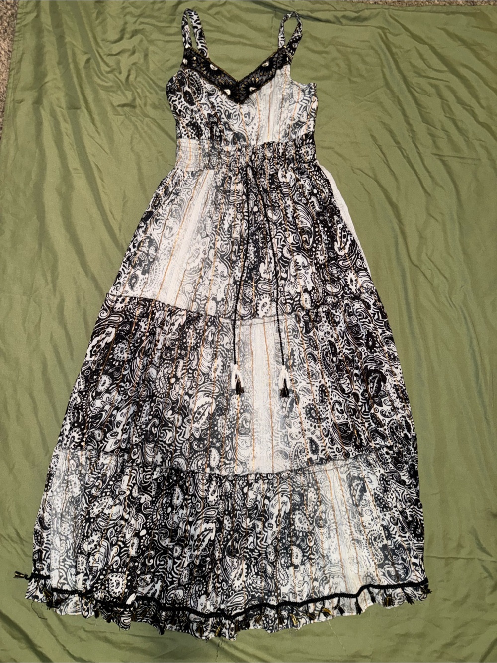 Me 2 Magic Black and White Paisley Maxi Dress with Lace Trim & Tassel Accents